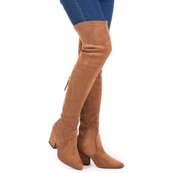 Women Brown 3"heel Over the Knee Thigh High Suede Block Long Pointed toe Boots - Picture 2 of 7